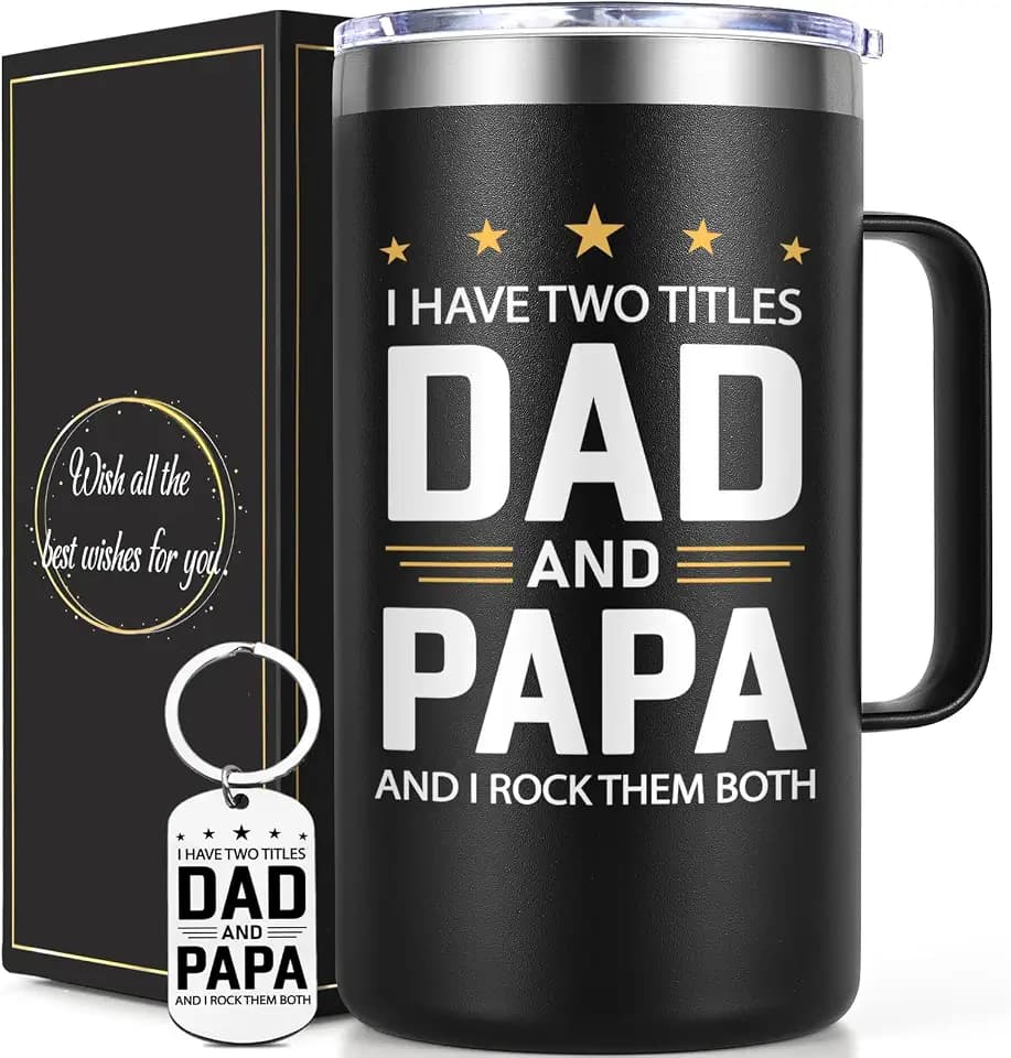 Lifecapido Papa Fathers Day Gift, I Have Two Titles Dad And Papa I Rock Them Both 20oz Insulated Coffee Mug with Keychain, Birthday, Fathers Day Gift, Black