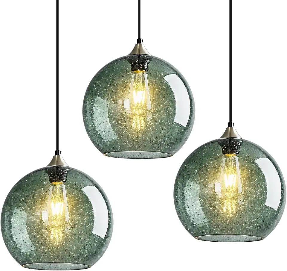 Modern 3-Pack Glass Globe Pendant Lights, Gray Green Modern Pendant Lighting for Kitchen Island, Glass Hanging Lamps for Dining Room Living Room Bedroom, Large 9.85 Inch Fixture (Bulbs Not Included)