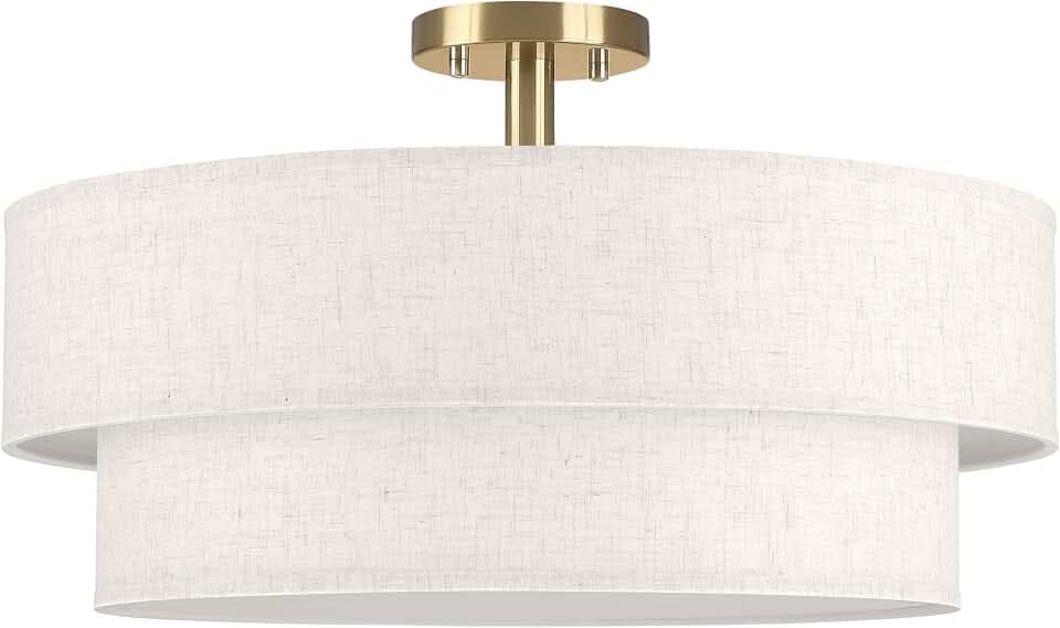 22" 2 Tier Linen Drum Fabric LED Modern Farmhouse Semi Flush Mount Light