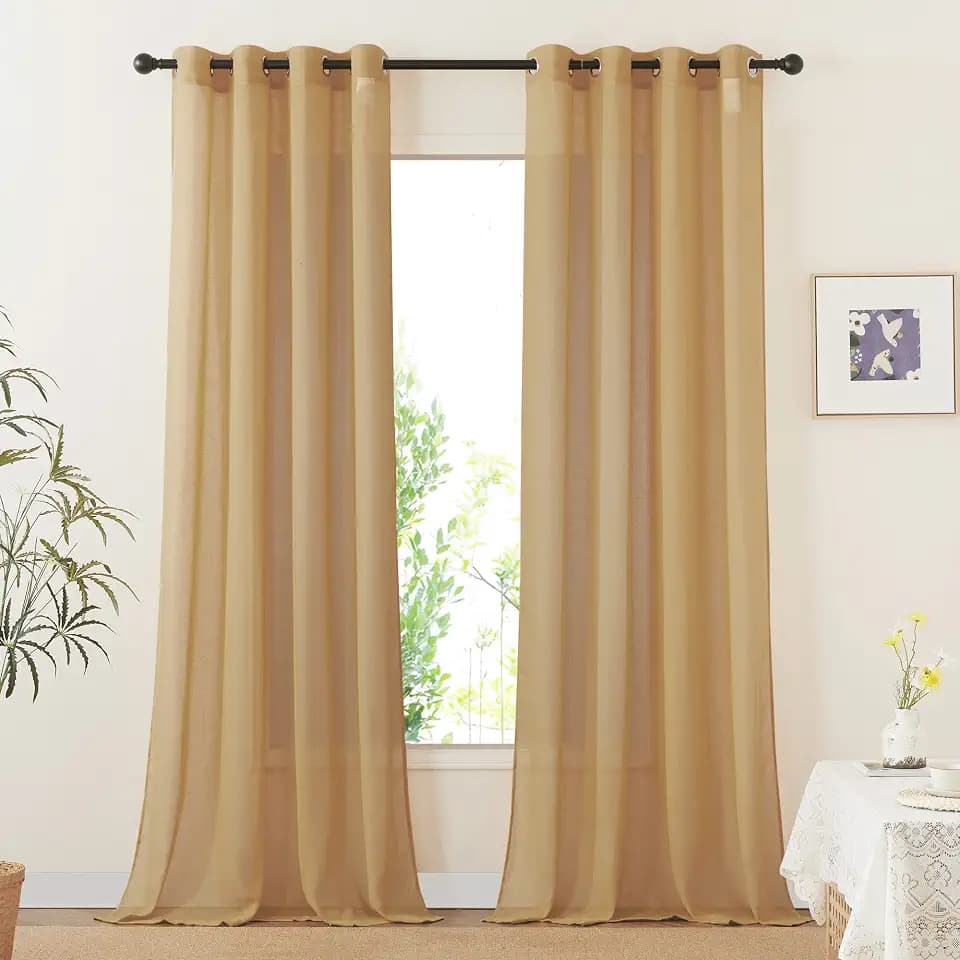 NICETOWN Desert Yellow Curtains for Living Room, Grommet Flax Linen Sheer Curtains Semitransparent with Light Filtering Luxury & Casual for Bedroom/Living Room, W52 x L108, 2 Pieces
