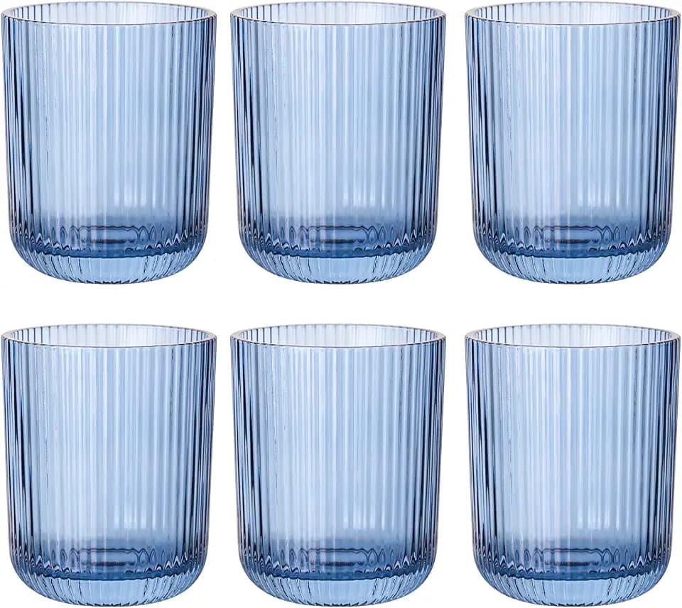 Blue Ribbed Drinking Glasses Set of 6,8.5oz Vintage Drinking Tumblers,Colored Glassware for Water, Juice,Coffee,Cocktails,Blue Glass Cups,Housewarming & Christmas Gift
