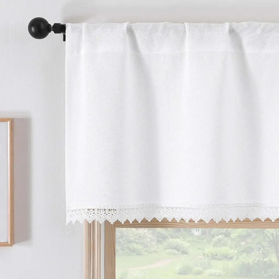 Chyhomenyc White Lace Window Valances - Light Filtering Faux Linen Short Kitchen Valance Curtains, Rod Pocket Boho Vintage Topper Farmhouse Valance for Living Room Bathroom, 52Wx18L, 1 Piece
