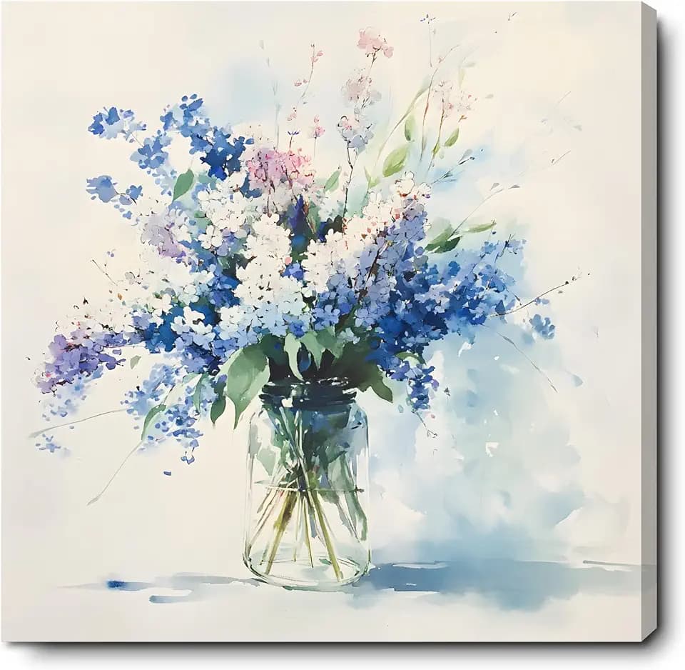 FOEIX Bathroom Wall Art Pictures Wall Décor Flowers Canvas Framed Abstract Artwork White Blue Floral Rustic Painting for Bedroom Living Room Kitchen Dinging Room Office (20x20inches)
