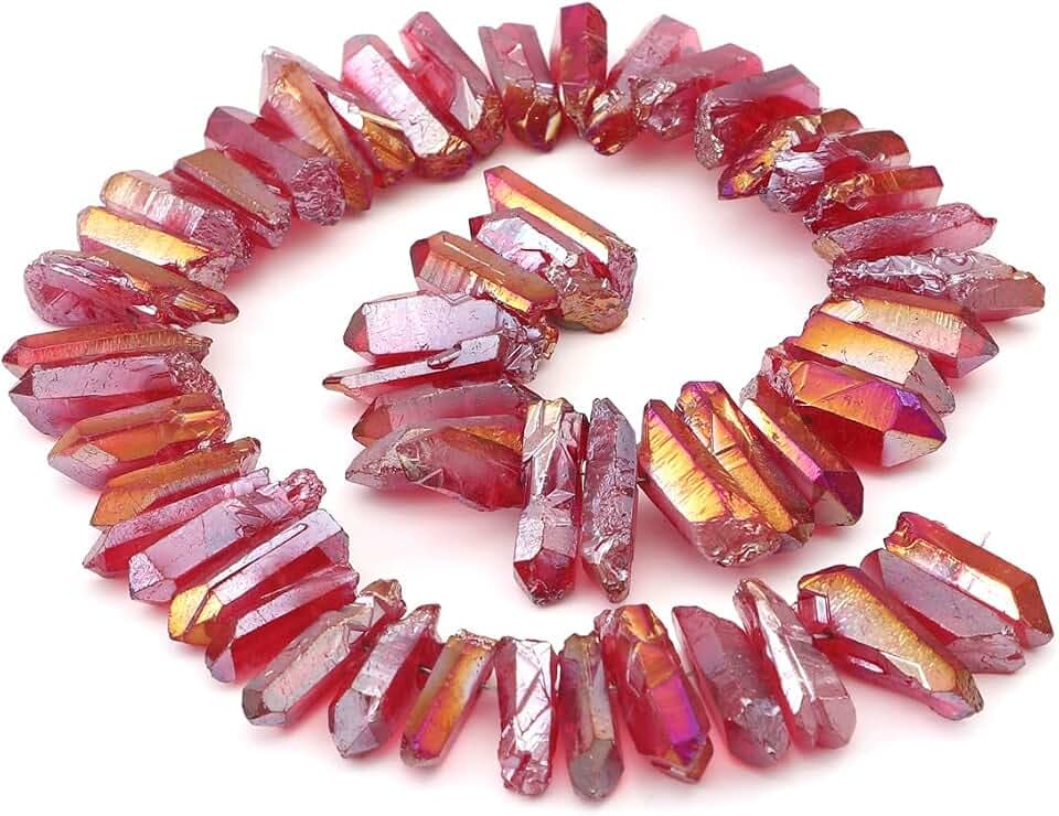 BEADIA Red Titanium Coated Crystal Quartz Spike Point Stick Beads AB Color 0.6"-0.8" for Jewelry Making 15 Inch/Strand