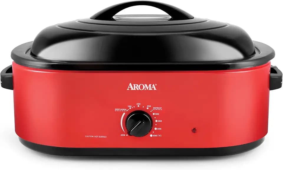 AROMA 18Qt. Roaster Oven with Self-Basting Lid, Fits 22-lb. Turkey, Adjustable Temperature Settings, Keep Warm Setting, Red (ART-718R)