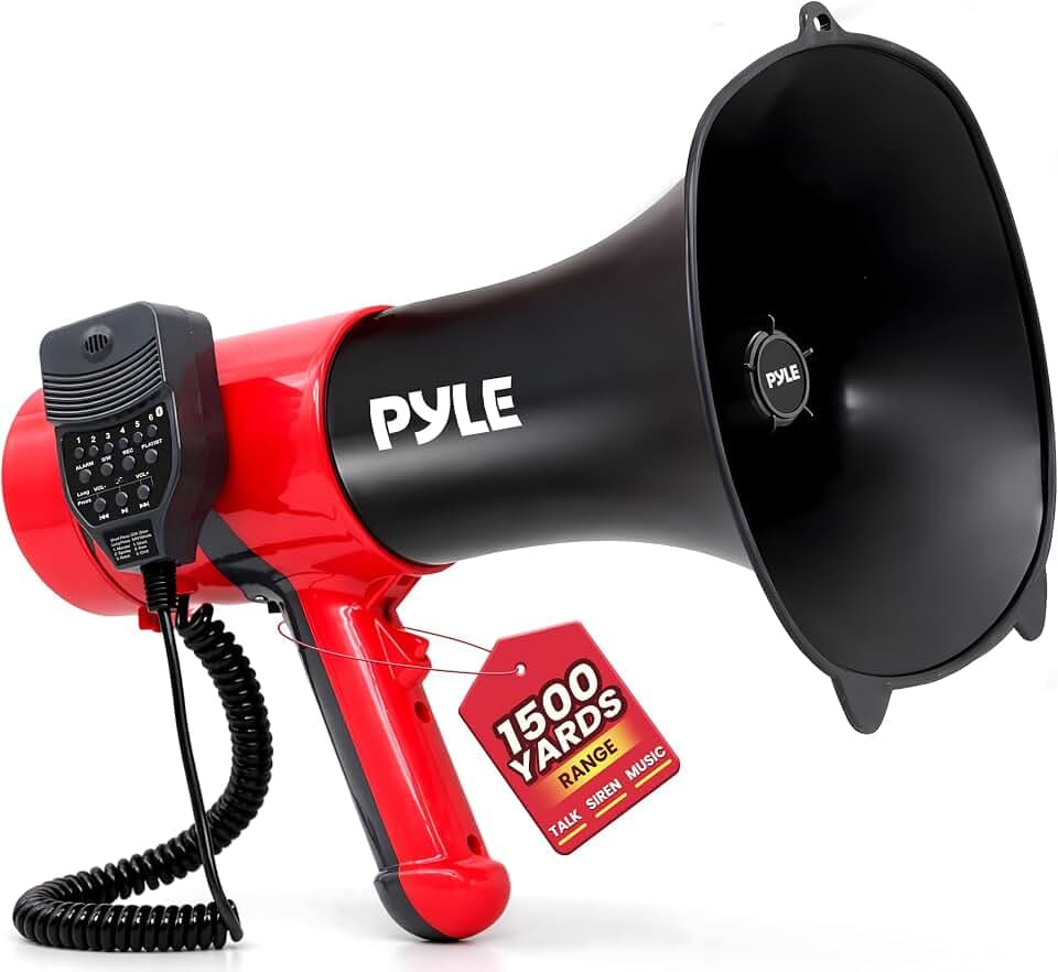Pyle Portable Megaphone Bullhorn - Bluetooth Compatible PA Speaker with Built-in Voice Changer, 1500 Yard Range, Siren, 100W Adjustable Vol Control, Loudspeaker for Outdoor Sports & Safety Drills