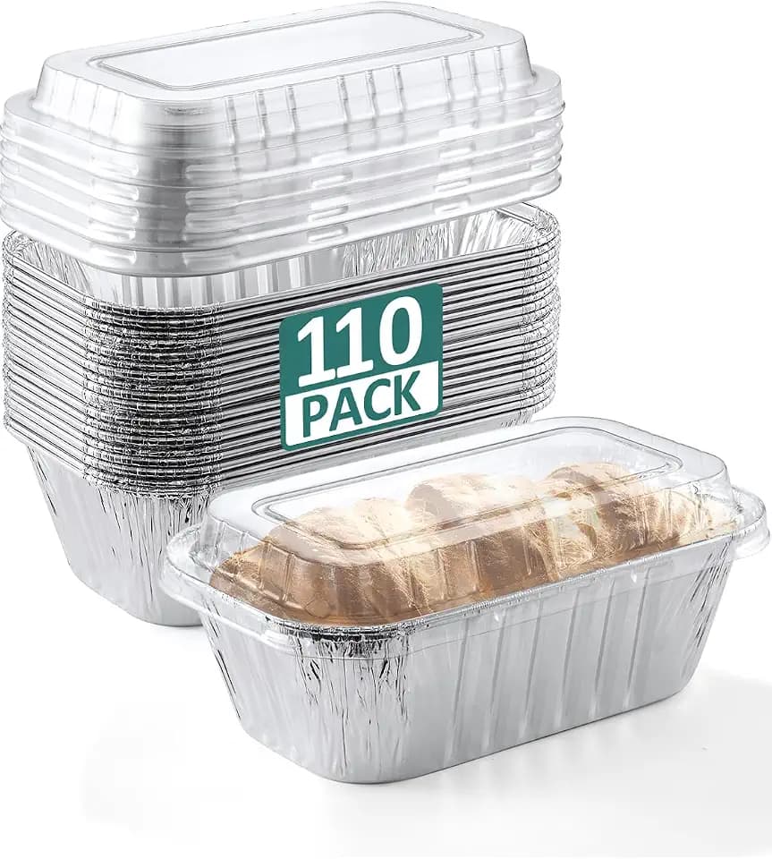 NEEBAKE 110 Pack 6x3.5x2 Disposable Aluminum Loaf Pans with Lids - 1 Lb Mini Loaf Pans, Small Aluminum Tin Foil Baking Pan, Food Containers for Baking, Cakes, Bread, Meat, Loaves
