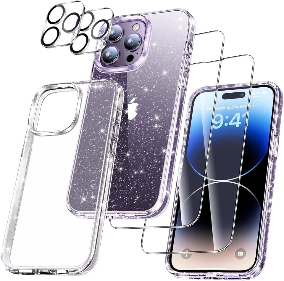 UniqueMe für iPhone 14 Pro Hülle, 5-in-1-Set Handyhülle für iPhone 14 Pro Case Rundumschutz Schutzhülle Cover, 1 Handyhülle & 2 Schutzfolie & 2 Kameraschutz - Glitzer