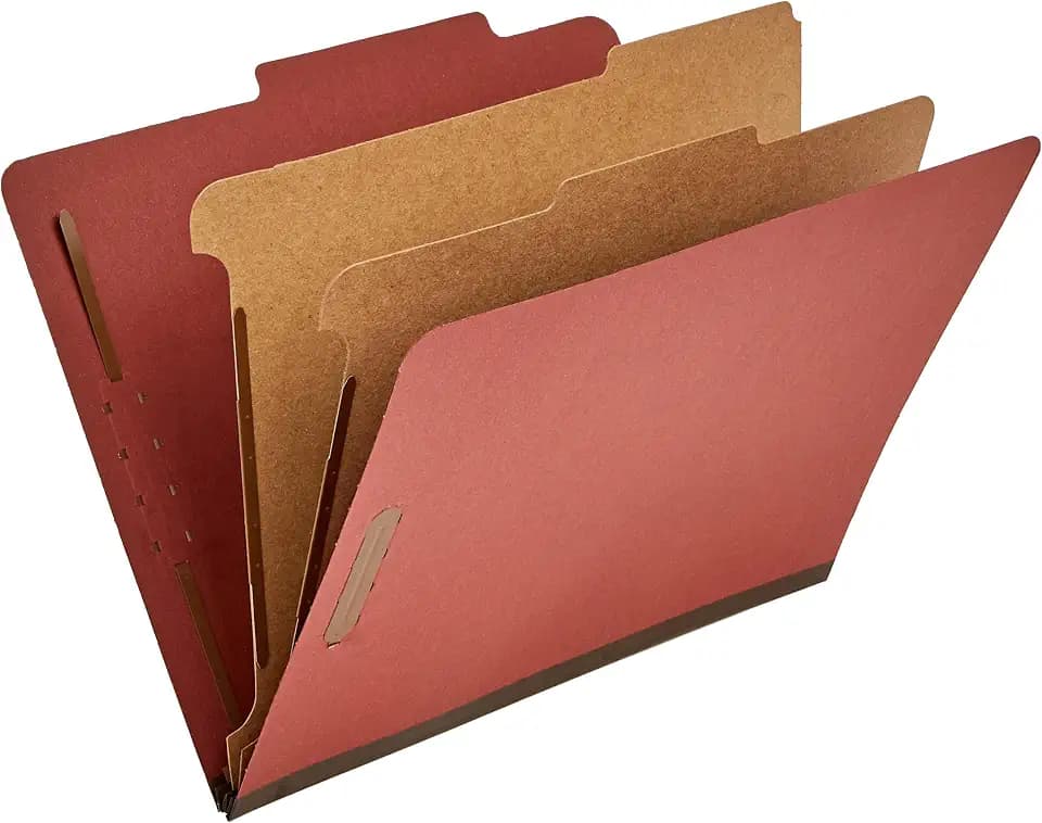 Amazon Basics Classification Folder with Prongs, Pressboard, 2 Dividers, 2-Inch Expansion, Letter Size, Red, Pack of 10, for Organizing Documents