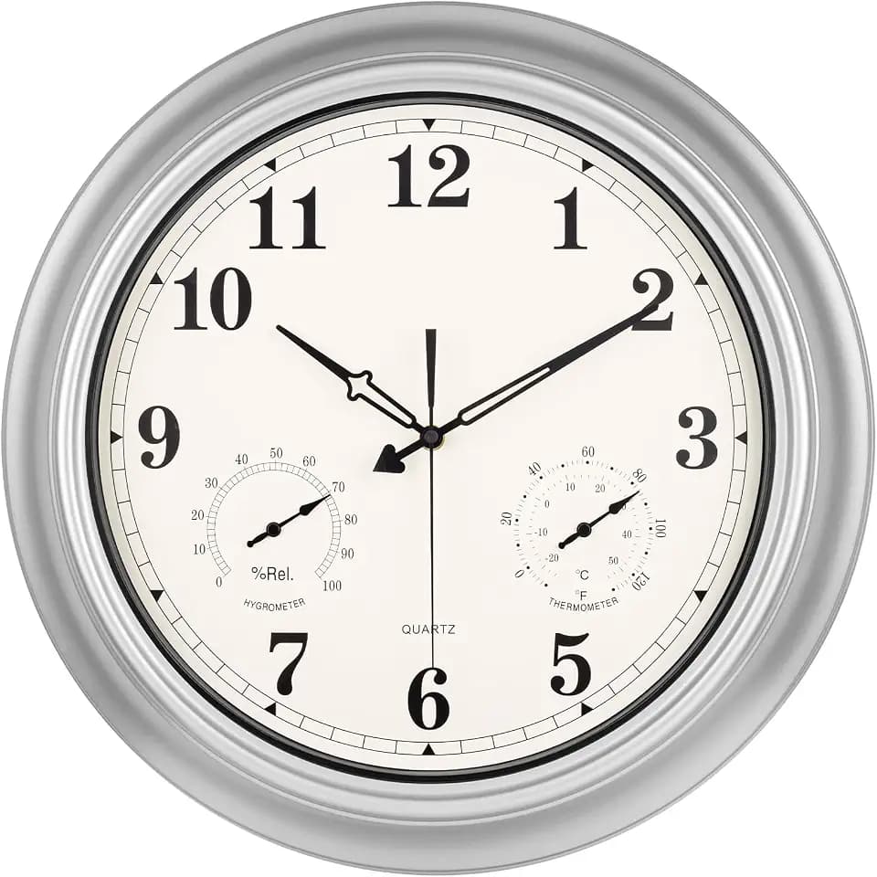 18 Inch Waterproof Outdoor Clock with Temperature and Humidity Combo - Battery Operated Wall Clock,Silent Large Easy to Read Outdoor Wall Clocks for Garage,Workshop,Cabin,Bathroom,Gazebo - Silver