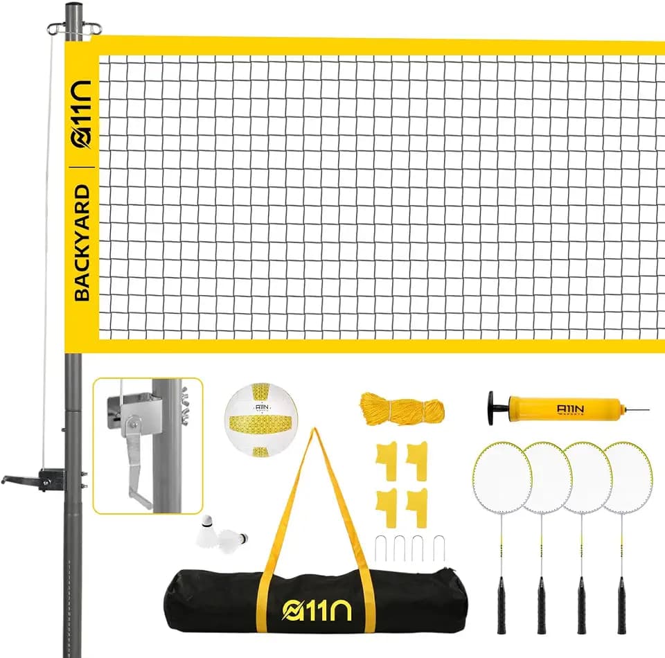 A11N SPORTS Outdoor Volleyball and Badminton Combo Set - Includes Adjustable Height Anti-Sag Net, Volleyball, Air Pump, 4 Badminton Rackets, 2 Shuttlecocks, Boundary Line Marker, and Carrying Bag
