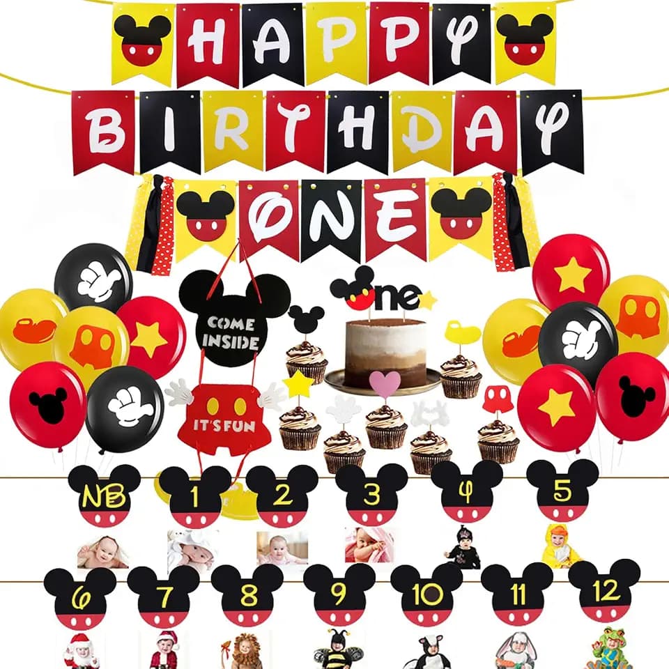 Mickey 1st Birthday Party Supplies - Banner, Cake Topper, Decorations for Boy or Girl