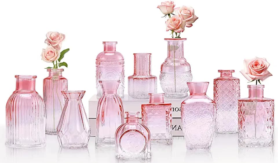 Blcculi 12 Pack Glass Bud Vases, Pink, Vintage Bottle