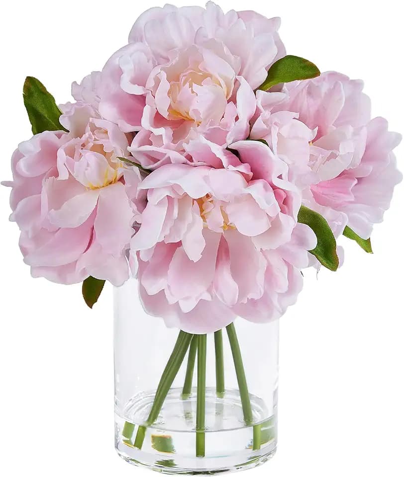 VeriNatural 10.6 in Pink Artificial Peonies in Glass Vase