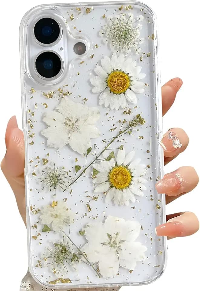 LSEEKA for iPhone 17 Clear Case with Pressed Real Flowers Design,Glitter Cute White Floral Pattern Slim Soft TPU Protective Women Girl's Phone Cover for iPhone 17