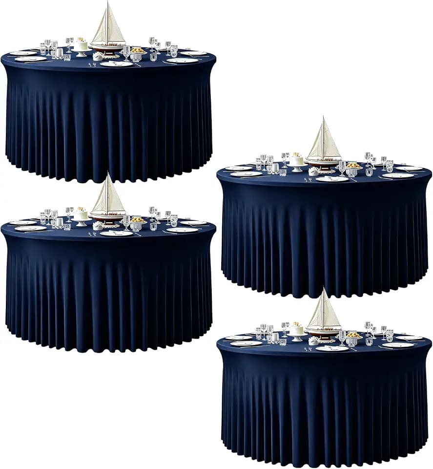 4 Pack 132 Inch Navy Blue Round Tablecloth, Fitted Tablecloths for 6 FT Round Tables, Spandex Table Cover with Table Skirt for Wedding Photography Party Professional Events Mermaid Birthday Decor