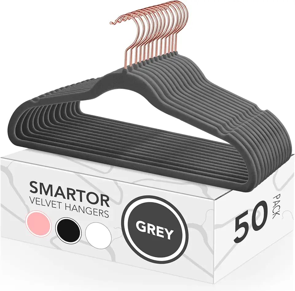 Smartor Grey Velvet Hangers 50 Pack, Non Slip Rose Gold Hook Felt Hangers