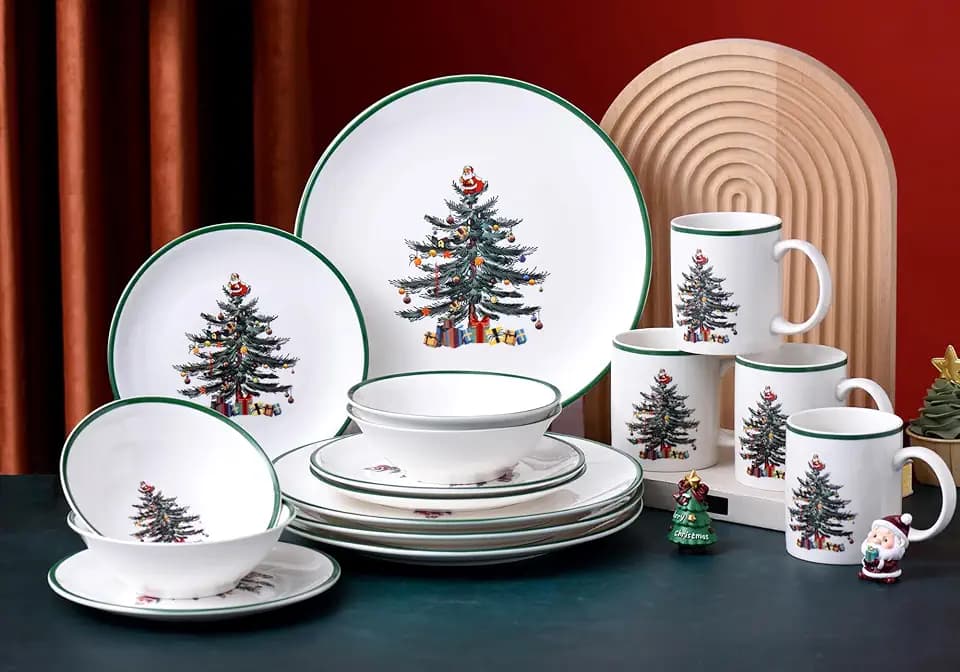 16 Piece Christmas Dinnerware Sets with Green Edge, Christmas Tree Porcelain Dinnerware Set for Xmas (4 * 10.5 Inch Plates, 4 * 8 Inch Plates, 4*Bowls, 4*Mugs)