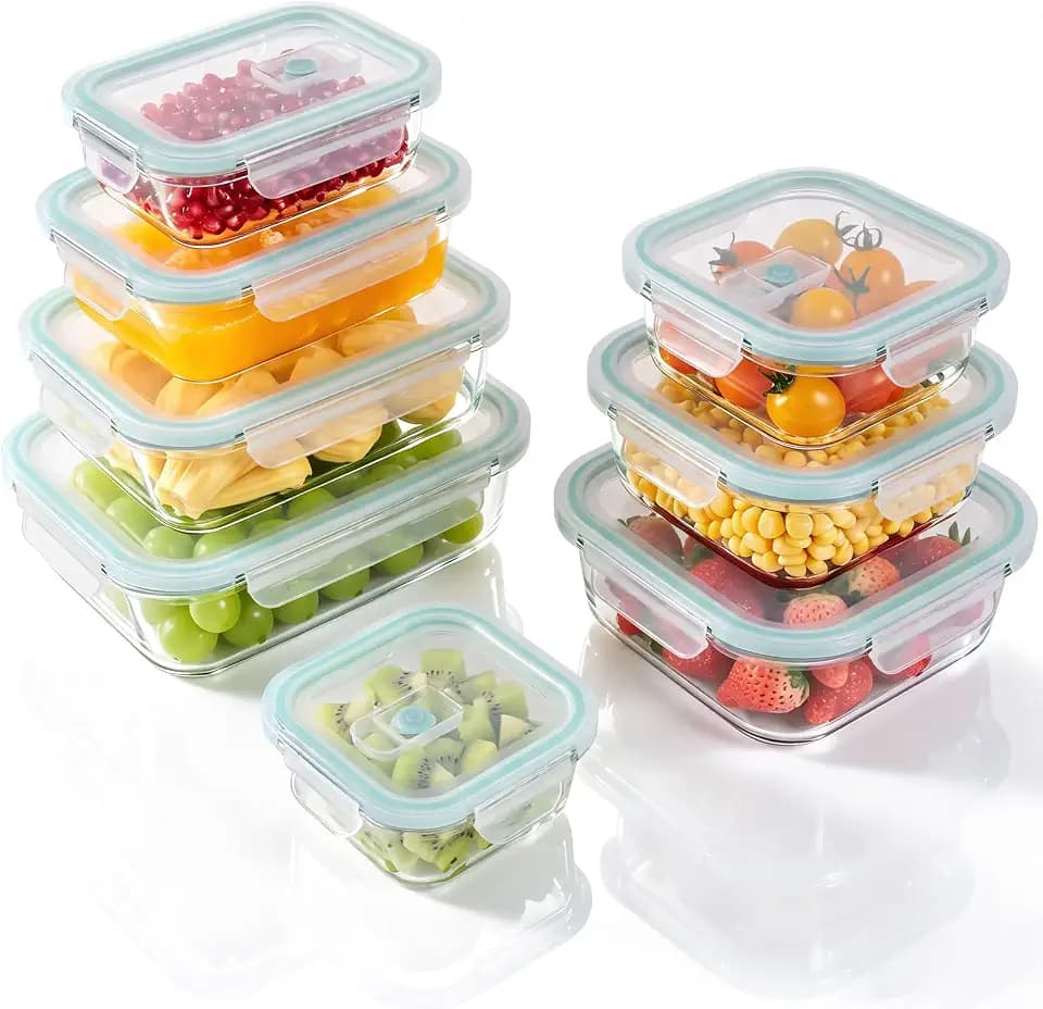 8-Pack Borosilicate Glass Food Storage Containers with Airtight Lids – Microwave, Oven, Freezer Safe, Leak-Proof, BPA-Free – Meal Prep, Baking & Gift Set