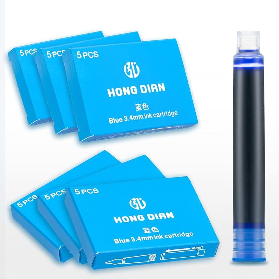 Asvine Hongdian Fountain Pen Blue Ink Cartridges, Set of 30 Refill Ink Cartridges, 3.4 mm Bore Diameter