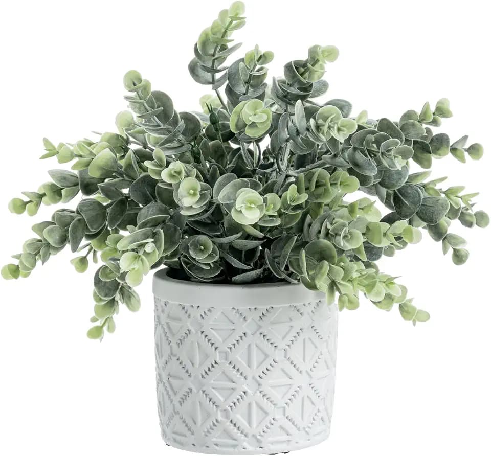 MyGift Artificial Eucalyptus Plant White Concrete Pot Geometric Pattern