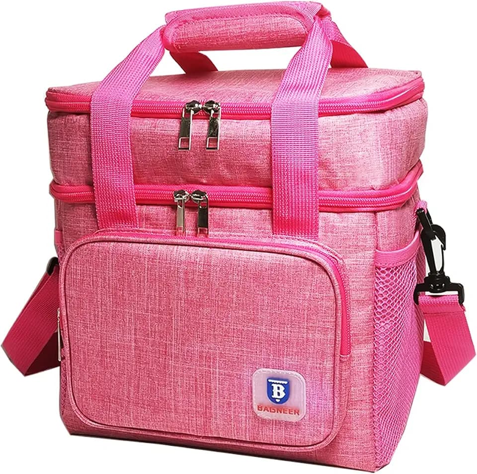 Insulated Lunch Box for Women, Double Decker Pink Lunch Bag Work Picnic Cooler Bag, Durable Leakproof Lunch Pail Camping Beach Food & Drink Thermal Box Outdoor Lunchbox, 14L (Rose)