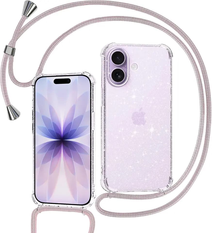 Handykette für iPhone 17 Hülle mit Band, Handyhülle mit Kordel zum Umhängen Schutzhülle mit Kette Glitzer Transparent Weich TPU Silikon Bumper - Roségold