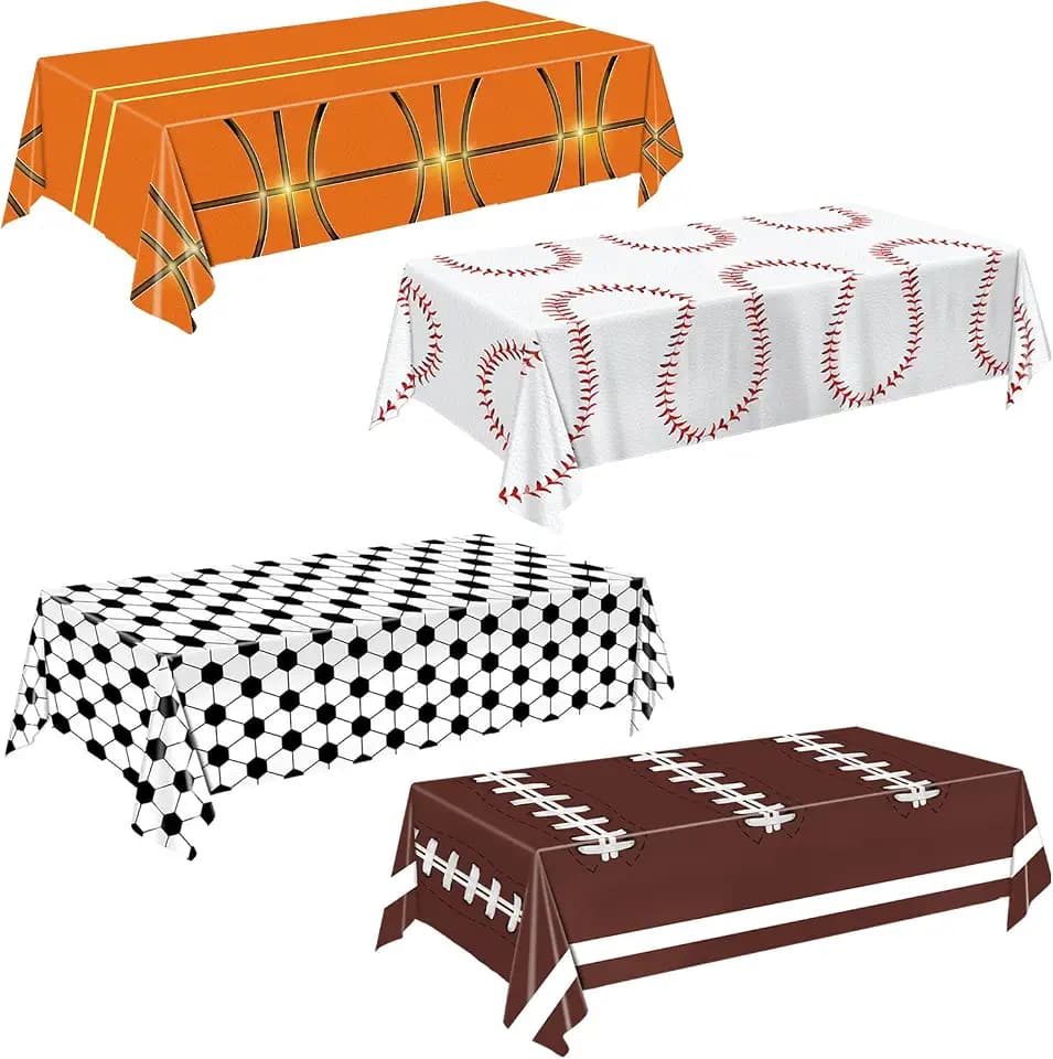 Oigco 4 Pack Sports Tablecloth, 54 x 108 Inch Soccer Baseball Basketball Football Table Covers for Birthday Sports Themed Party Decorations