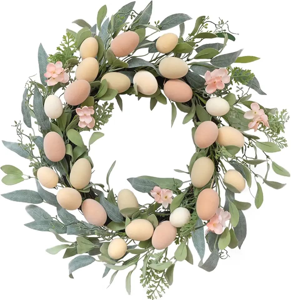 TEMPUS 20 Inch Easter Flocked Egg Wreath - Handmade Spring Door Decor with Pastel Eggs & Mixed Twigs, Indoor Floral Wreath for Easter Home Decor