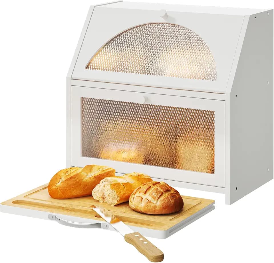 STDDRE Double Layer Bamboo Corner Bread Box with Cutting Board(White)