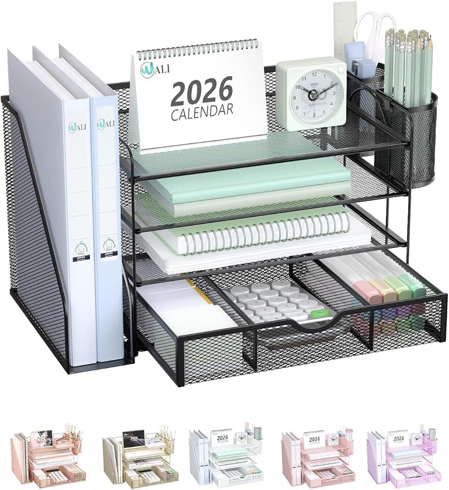 WALI Desk File Organizer, 4 Tier Desktop Paper Letter Tray Organizer with Drawer and 2 Pen Holders, Office Desk Accessories & Workspace Organizers for Office, Home Supplies(DO005DH-B), 1 Pack, Black