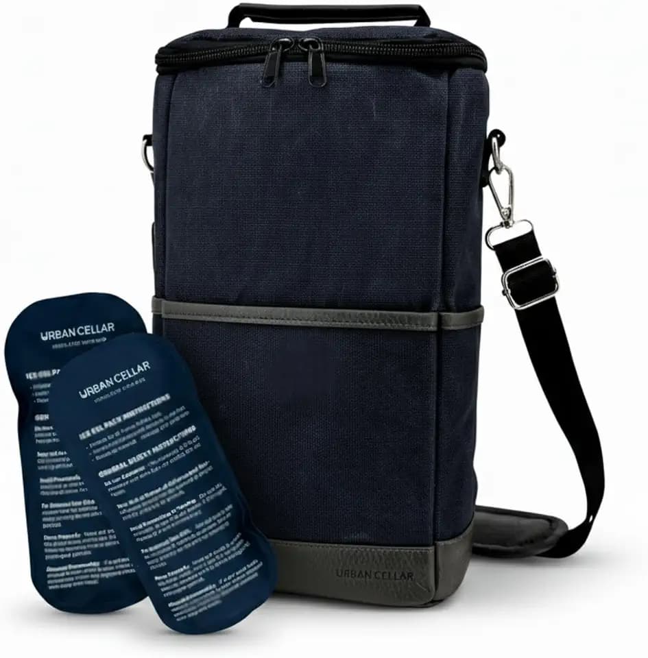 URBAN CELLAR Insulated Wine Carrier Tote - 2 Bottle Wine Cooler Bag with Ice Packs, 6+ Hour Cooling, Waterproof Waxed Canvas for Travel, Picnic, BYOB - Wine Gift
