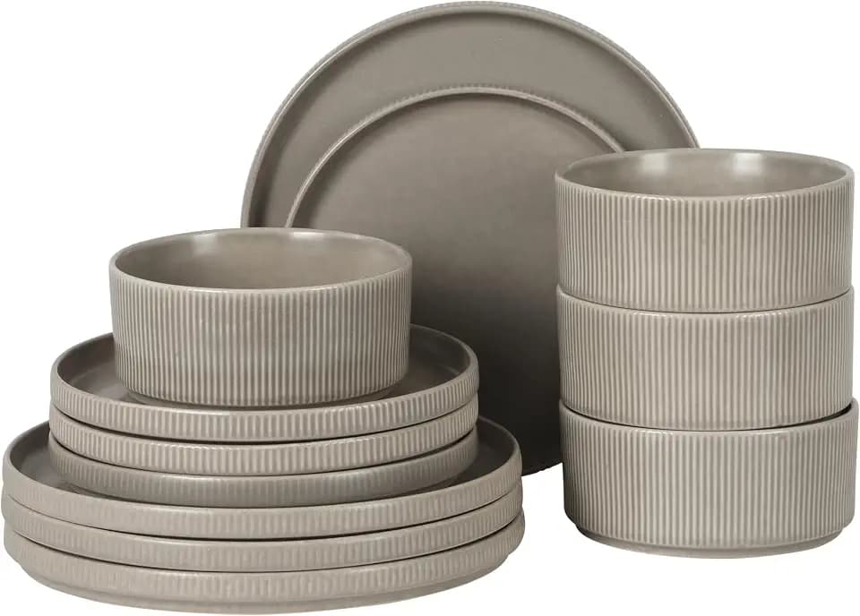 Gibson Elite Avant-Garde 12 Piece Stoneware Dinnerware Set for 4, Chateau Grey Plates and Bowls Set with Reactive Glaze, Includes Dinner Plates, Salad Plates and Bowls