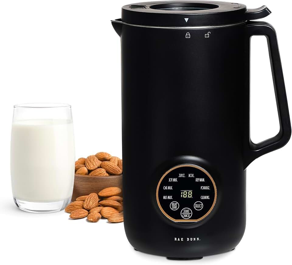 Rae Dunn 8-in-1 Nut & Plant Milk Maker – Almond, Oat, Soy & More – 800ml Cold / 700ml Hot – Automatic, Delay Start, Self-Clean – Includes Stirrer, Measuring Cup & Brush, Black