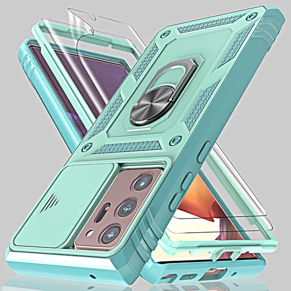 for Galaxy Note 20 Ultra Case with Camera Cover Slider, 2*Screen Protectors,Build in 360° Rotating Ring Kickstand, Military Grade Protective Case for Samsung Galaxy Note 20 Ultra 6.9"-Green
