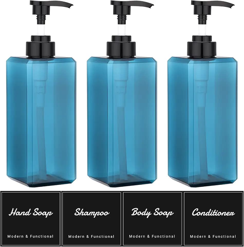 Suream Shampoo Dispenser for Shower, 22oz/650ml Shampoo and Conditioner Bottles with Labels, Lotion Bottle with Black Pump for Body Wash, Massage Oil, Moisturizer(Set of 3, Blue)