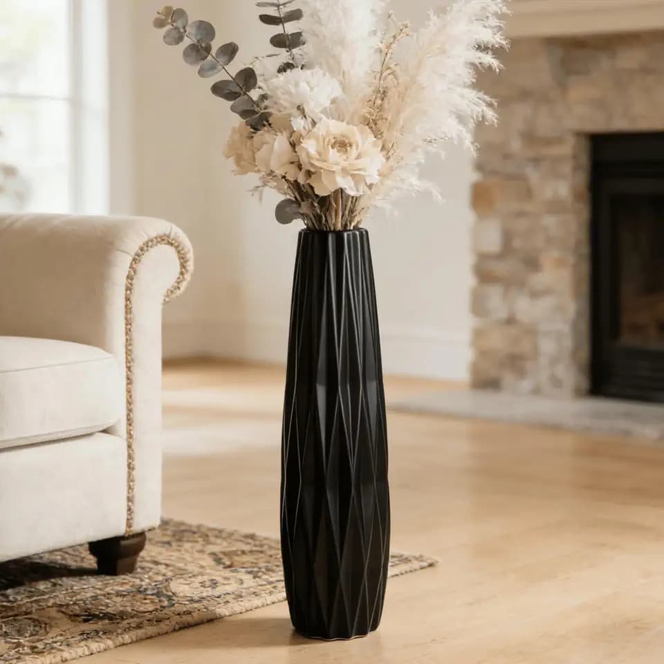 Black Tall Ceramic Floor Vase, 24 Inch, Ribbed Design