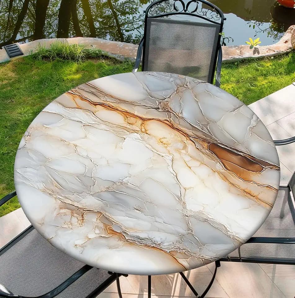 Waterproof Tablecloth with Elastic Tablecloth for Round Tables 36"-70" for Indoor Outdoor Patio Use, 36Inch, Marbe
