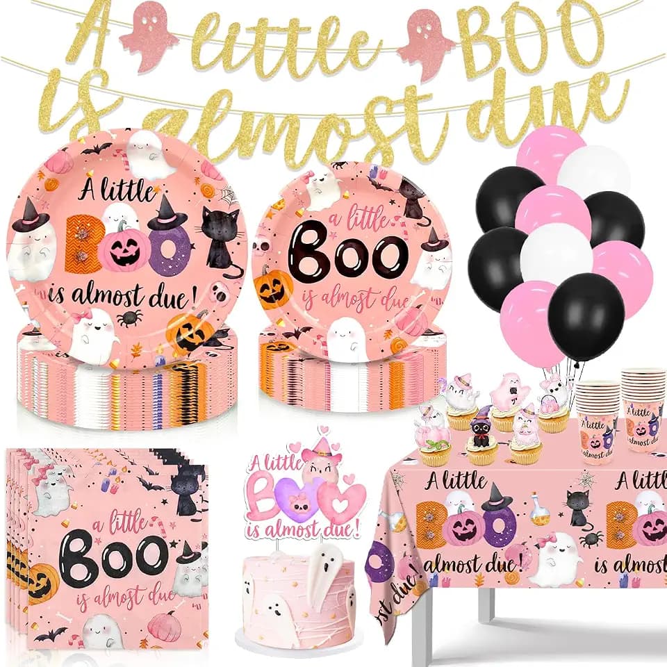 Halloween Baby Shower Decorations for Girl, A Little Boo is Almost Due Baby Shower Decorations, Pink Halloween Little Boo Plates Napkins Cups Tablecloth Banner Balloons and Cake Topper Party Supplies