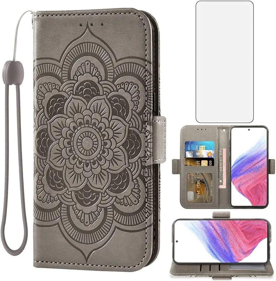 Asuwish Handyhülle für Samsung Galaxy A53 5G Hülle mit Glas Folie Schutzfolie Kartenfach Klappbar Leder Geldbörse Ständer A 53/5G 53 G5 S53 53A 4G Handy Hüllen Mandala Schutzhülle Phone Case Grau