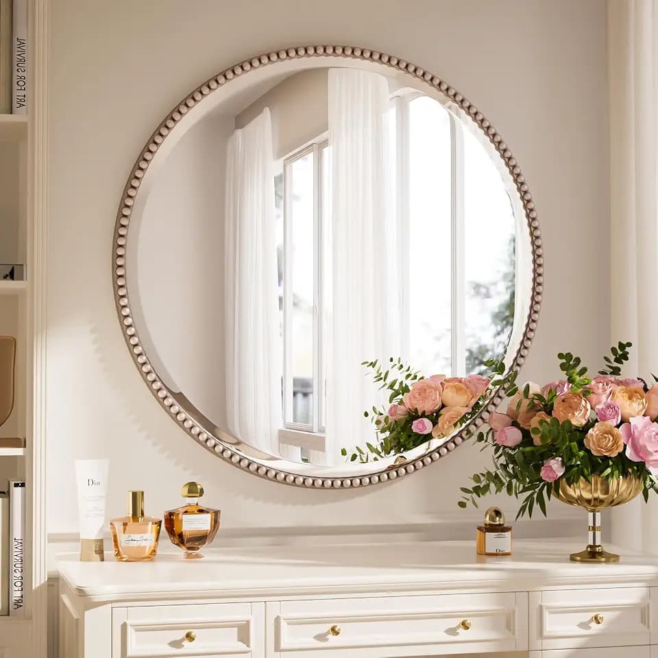 28'' Round Mirror, Beaded Circle Decorative Wall Mirror, Silver