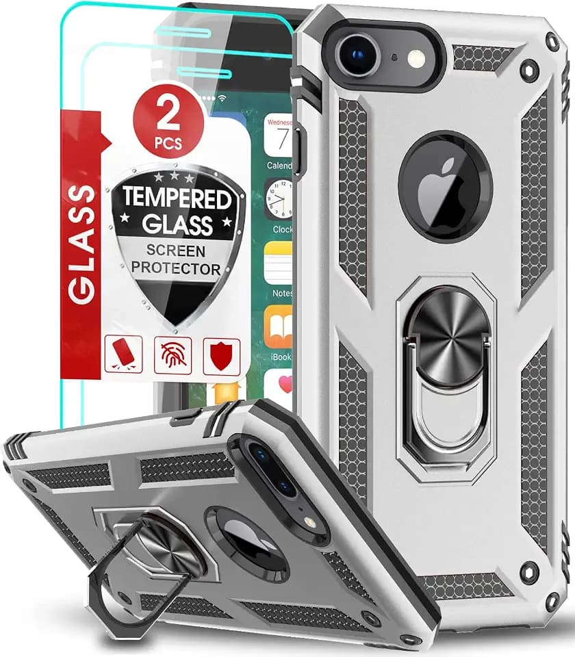 LeYi Compatible for 8/7/6s/6 Case (2 Pack), Silver, Cellular Phone Case with Tempered Glass Screen Protector & Kickstand Ring