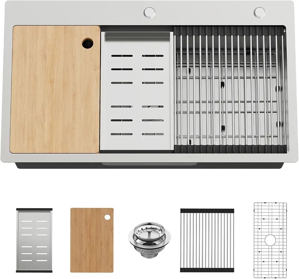 33x19In Drop-in Workstation Sink,Stainless Steel,Single Bowl
