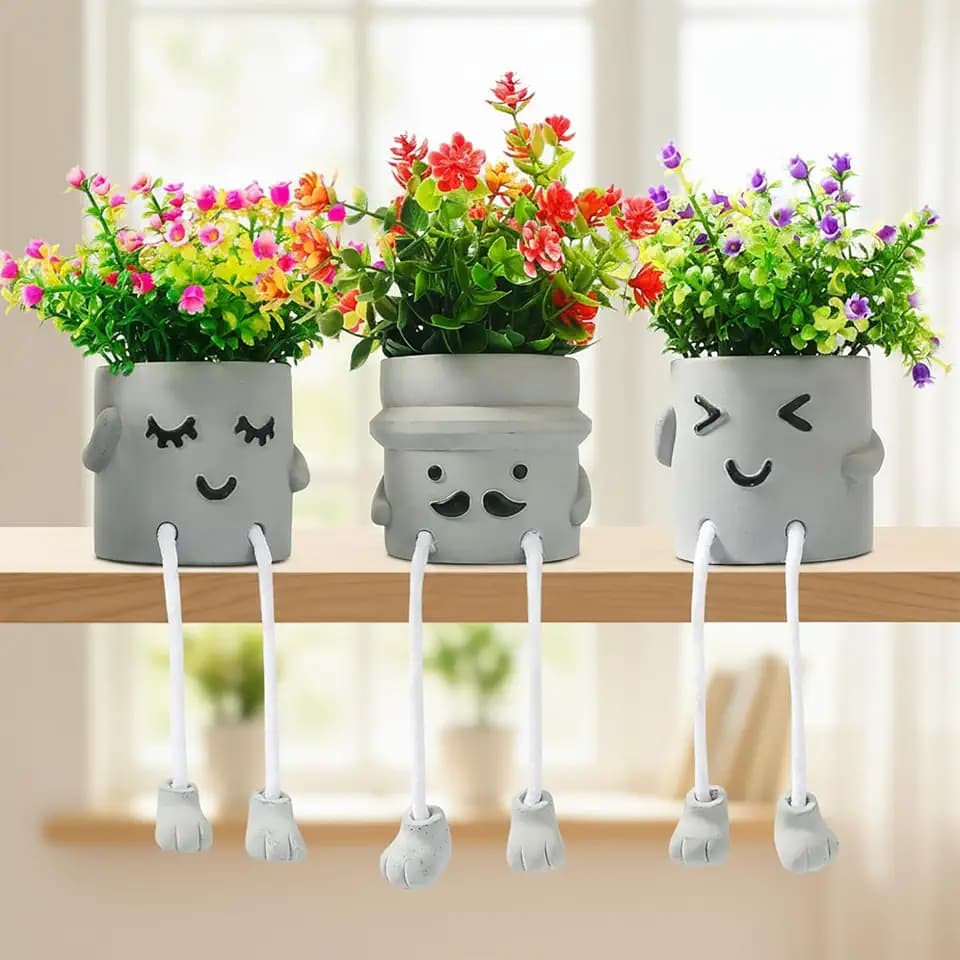 3Pack Fake Plants in Cute Pots, Indoor Faux Plants Decorations Lifelike with 60 Artificial Flowers for Office Bathroom Bedroom Living Room Kitchen Home Farmhouse Shelf Decor C