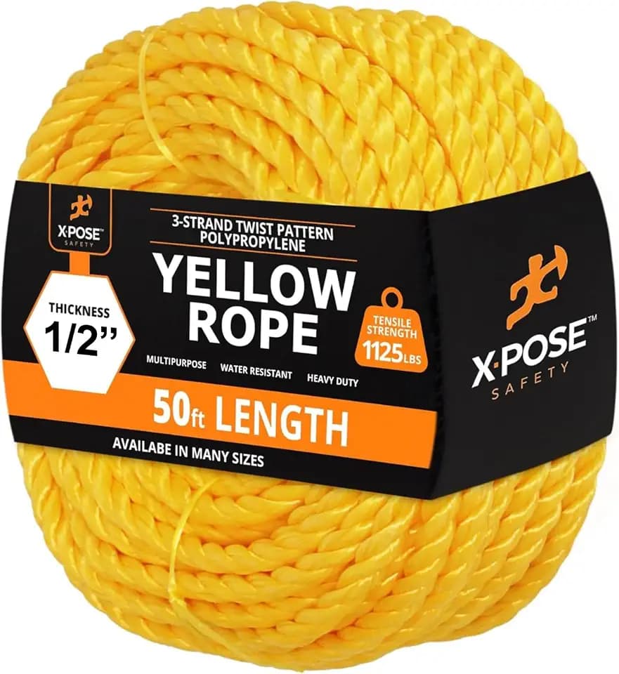 Yellow Twisted Polypropylene Rope, 1/2" Thickness x 50' Length Heavy Duty Poly Ropes for Outdoor and Marine Use, Yellow Rope for Visibility & Safety