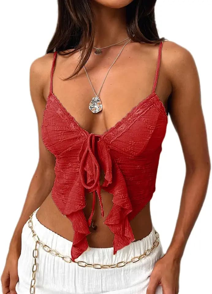 RUEWEY Women's Summer Tie Up Camisole Tops Lace Sleeveless V Neck Irregular Ruffle Bustier Tops Crop Tops