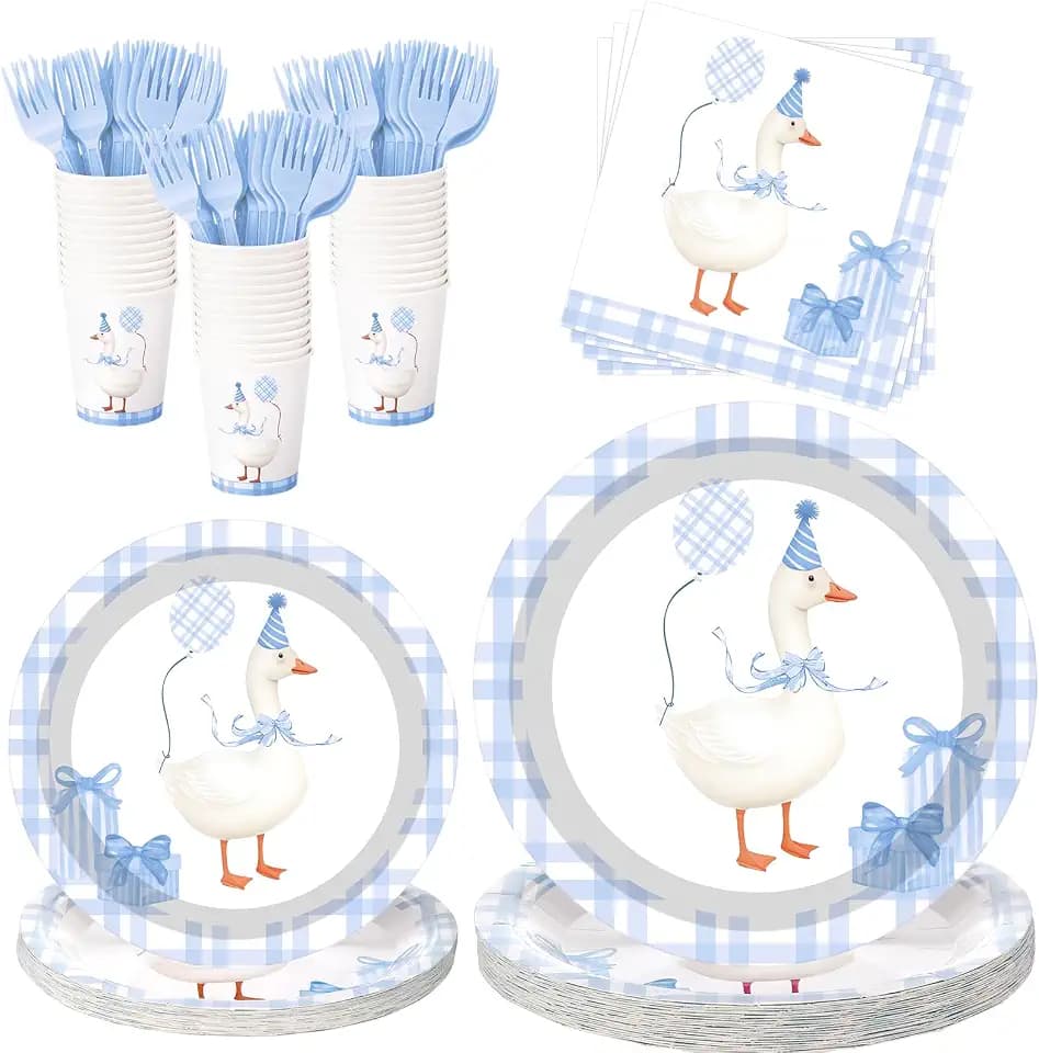 Havawish 120 Pcs Goose Birthday Party Tableware Set Blue, One Silly Goose