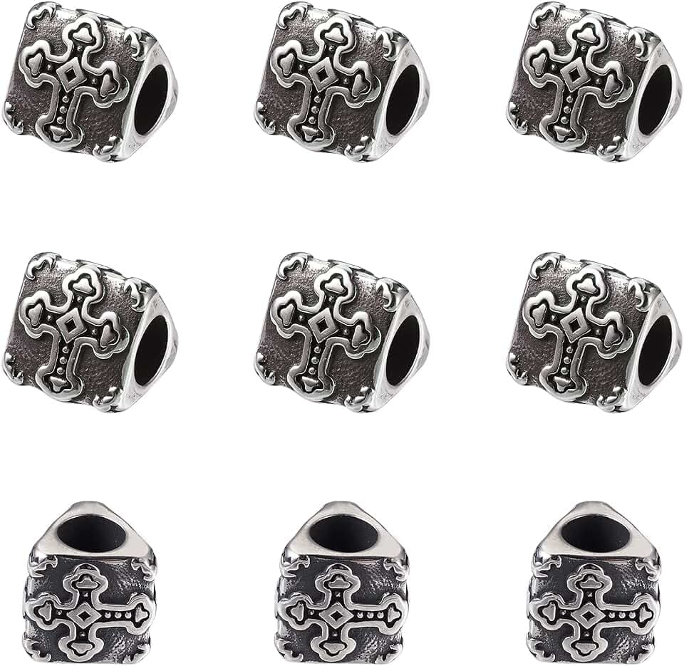 Cheriswelry 10pcs Triangular Prism 304 Stainless Steel European Large Hole Beads with Cross Antique Silver Metal Loose Spacer Beads 11x11mm for DIY Earring Bracelet Necklace Jewelry Making