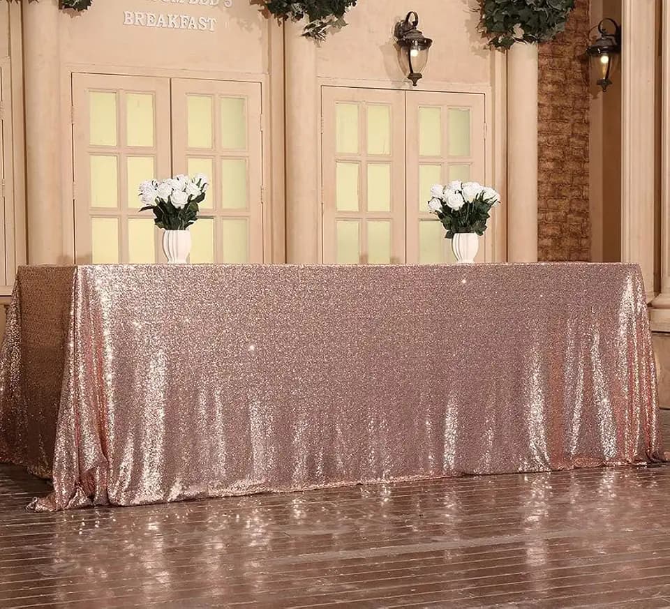 Juya Delight 90" x 156" Rose Gold Rectangular Sequin Tablecloth for Wedding Birthday Party Festival Ceremony Cake Dessert Table