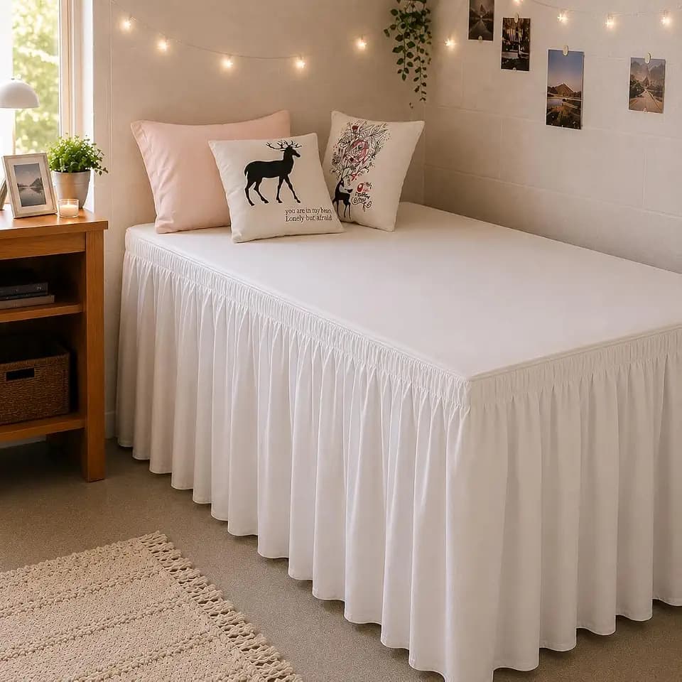 RIMELA College Dorm Bed Skirt Twin XL 32 Inch Drop, White Elastic Bedskirt